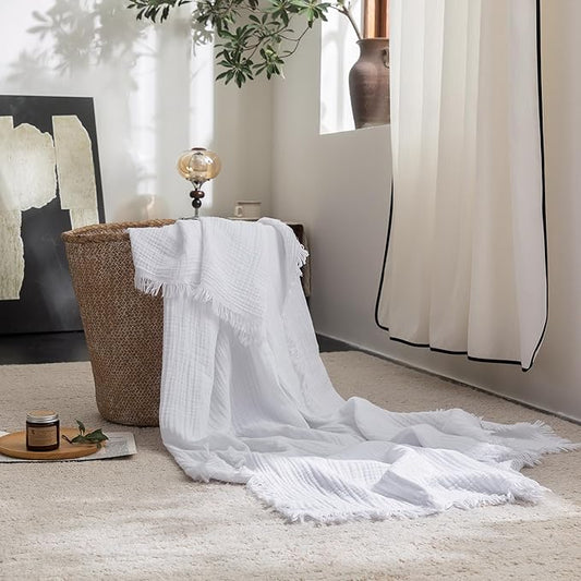 FOSSA Muslin Blanket with Fringe - 4-Layer 100% Cotton Gauze Super Soft & Breathable Throw -Lightweight Decorative Cooling Blanket for Bed, Sofa, Office -Twin XL Size 90" x 66" (Bright White)