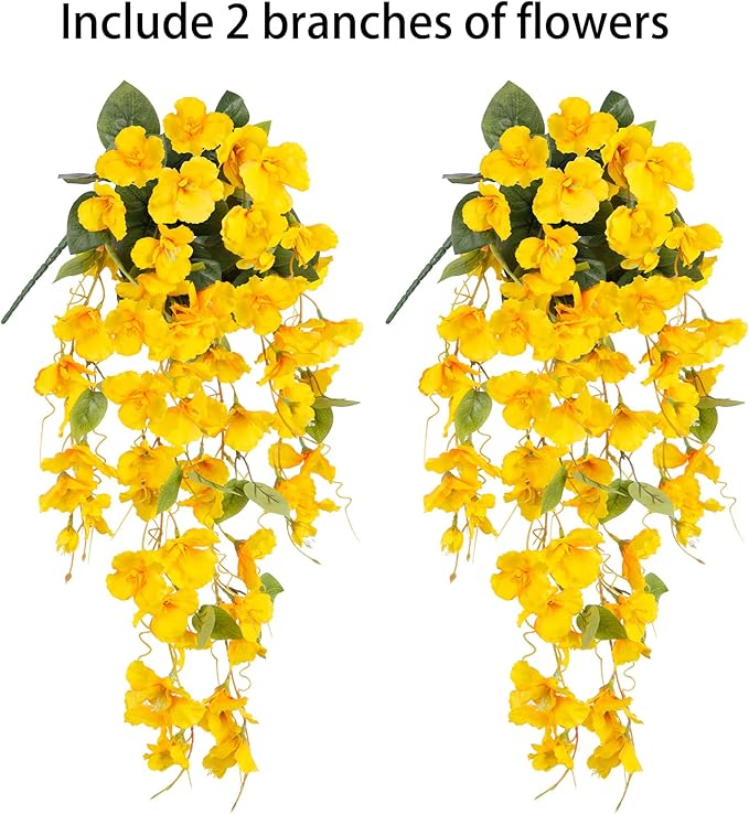 Fake Hibiscus Artificial Hanging Flowers Plants for Outdoors Spring Decoration, 2pcs Silk Hibiscus Vines Realistic UV Resistant Yellow Faux Flowers for Outside Planter Porch Patio Yard Wedding Party