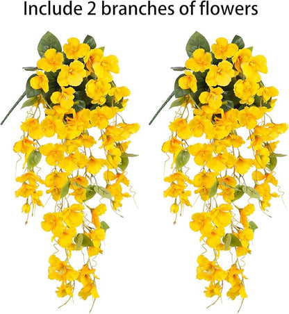 Fake Hibiscus Artificial Hanging Flowers Plants for Outdoors Spring Decoration, 2pcs Silk Hibiscus Vines Realistic UV Resistant Yellow Faux Flowers for Outside Planter Porch Patio Yard Wedding Party