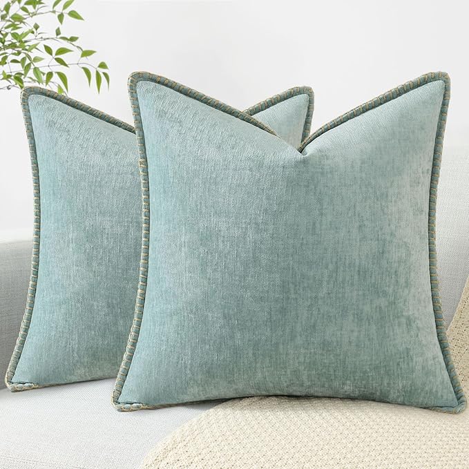 decorUhome Spring Chenille Soft Throw Pillow Covers 18x18 Set of 2, Farmhouse Velvet Neutral Decorative Pillow Covers with Stitched Edge for Couch Sofa Bed Home Decor, Aqua Haze