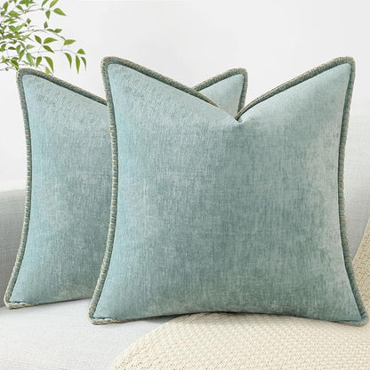 decorUhome Spring Chenille Soft Throw Pillow Covers 18x18 Set of 2, Farmhouse Velvet Neutral Decorative Pillow Covers with Stitched Edge for Couch Sofa Bed Home Decor, Aqua Haze