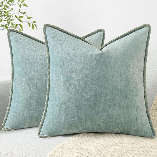 decorUhome Spring Chenille Soft Throw Pillow Covers 26x26 Set of 2, Farmhouse Velvet Neutral Decorative Euro Sham Pillow Covers with Stitched Edge for Couch Sofa Bed Home Decor, Aqua Haze