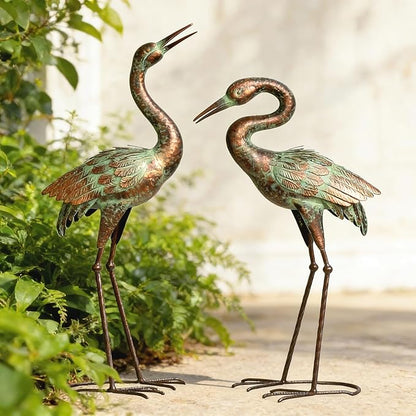 Shorayn Garden Crane Statues, Blue Heron Sculptures for Outdoor, Cranes Decor Metal Bird, Patina Garden Art Lawn Ornaments for Yard Patio Porch Outside Decorations