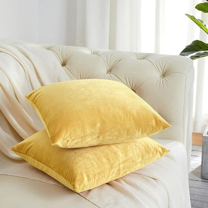GIGIZAZA 18x18 Yellow Velvet Decorative Throw Pillow Covers for Sofa Bed 2 Pack Soft Cushion Cover