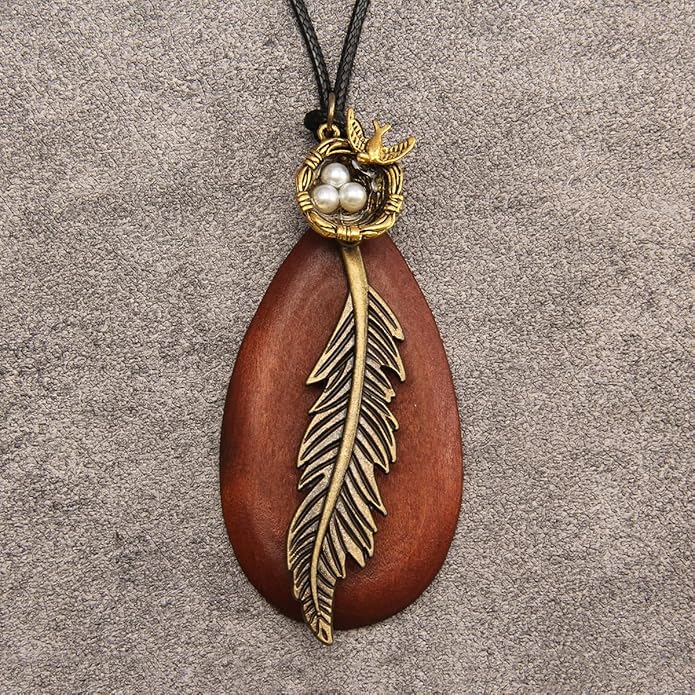 Leather Necklace for Women Boho Choker Necklace Long Cord Leather Pendant Bohemian Neckalce Vintage Alloy Pendant Leather Rope Necklace Wooden Necklaces for Women