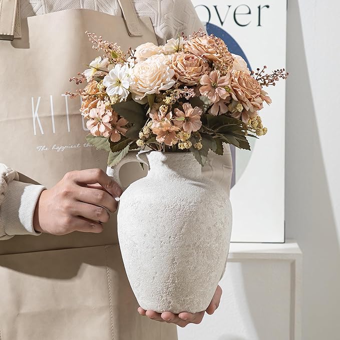 Ceramic Rustic Farmhouse Vase,8.85 Inch White Ceramic Decorative Flower for Home Decor Table Living Room Kitchen Bedroom Shelf Mantel Wedding Centerpiece Holiday & Wedding