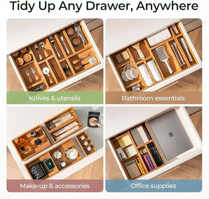 10-Piece Bamboo Drawer Organizer Set, 2.2" Deep Multi-Use Organizers for Utensils, Silverware, Cutlery, Desk, Bathroom, Junk Drawer & Makeup, Non-Slip Feet Included.