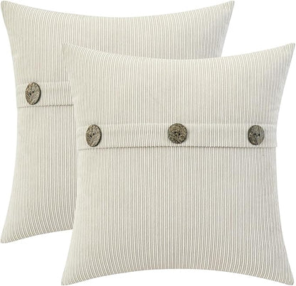 HWY 50 Cream White Chenille Throw Pillow Covers 22x22 Inch with Triple Buttons, Soft Farmhouse Accent Decorative Cushion Cases for Couch Sofa Bed Living Room Pack of 2
