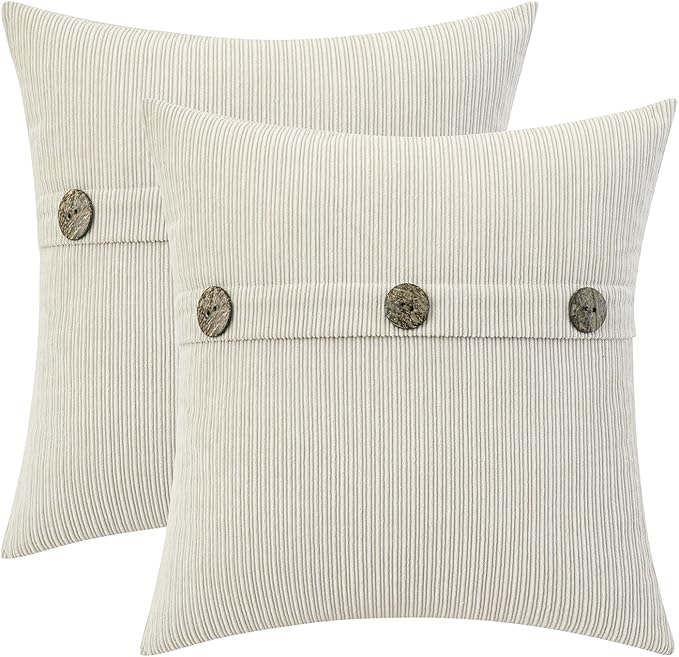 HWY 50 Cream White Chenille Throw Pillow Covers 18x18 Inch with Triple Buttons, Soft Farmhouse Accent Decorative Cushion Cases for Couch Sofa Bed Living Room Bedroom Pack of 2