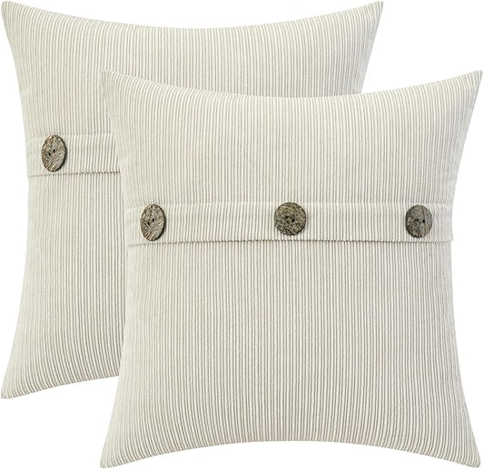 HWY 50 Cream White Chenille Throw Pillow Covers 18x18 Inch with Triple Buttons, Soft Farmhouse Accent Decorative Cushion Cases for Couch Sofa Bed Living Room Bedroom Pack of 2