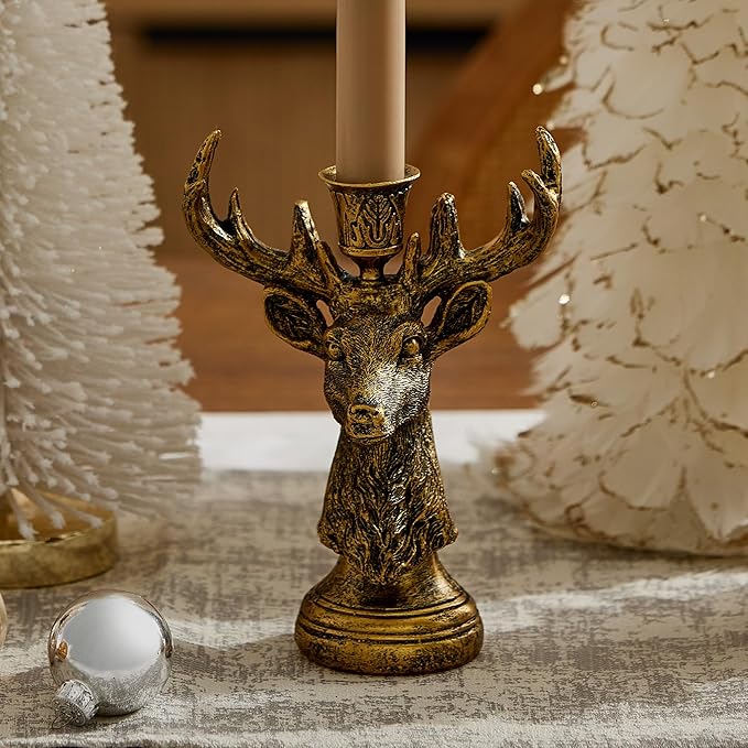 Luminara - Taper Candle Holder - Reindeer - Brass - 5.5" x 8" Classic Stag Head Design Compatible with Luminara Flickering Flameless LED Taper Candles