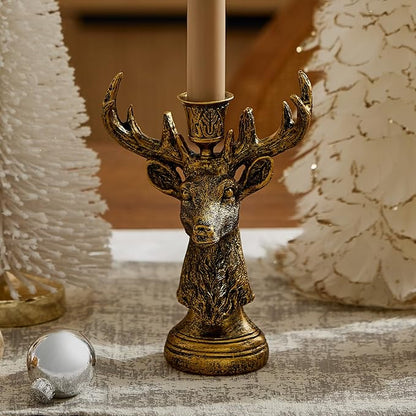 Luminara - Taper Candle Holder - Reindeer - Brass - 5.5" x 8" Classic Stag Head Design Compatible with Luminara Flickering Flameless LED Taper Candles