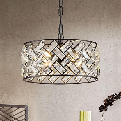 Black Crystal Pendant Light Farmhouse 4-Light, 12" Round Modern Semi Flush Mount Chandelier Ceiling Light for Kitchen Island, Dining Room, Bedroom, Hallway, Foyer