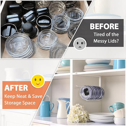 Tumbler Lid Organizer, Horizontal Tumbler Lid Storage Hook Up to 10 Lids, Space Saving Cup Lid Holders Under Cabinet Tumbler Lid Hook for Kitchen Organizer and Storage, Paper Towel Rack Hanger (White)