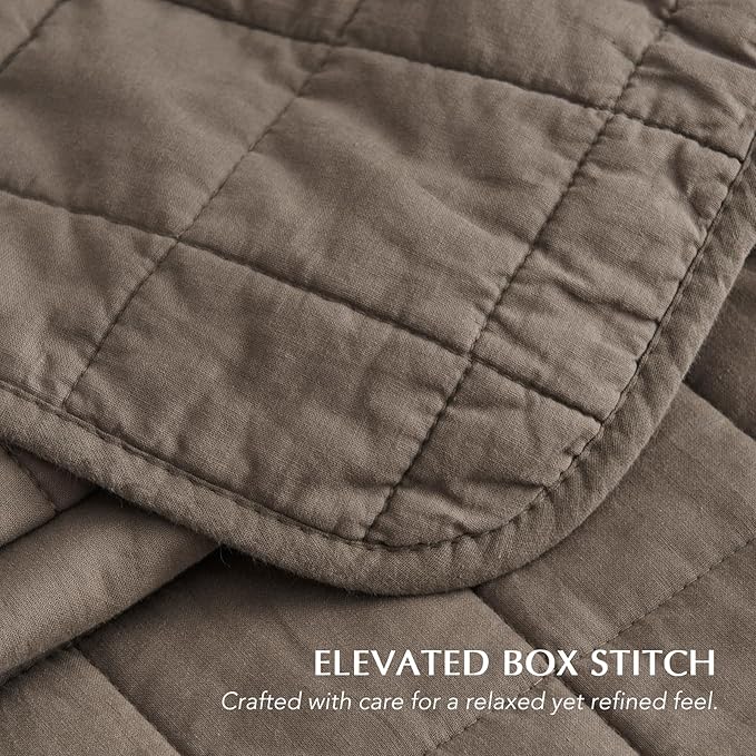EVERGRACEHOME 100% Cotton Box Stitch Quilt Bedding Set Queen Size 3 Pieces, Garment-Washed Lightweight Soft Cozy Coverlet, Quilted Bedspread Sets with 2 Shams for All Season, Mocha Brown