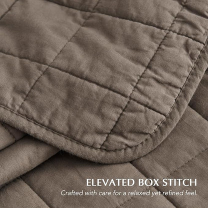 EVERGRACEHOME 100% Cotton Box Stitch Quilt Bedding Set King Size 3 Pieces, Garment-Washed Lightweight Soft Cozy Coverlet, Oversized Quilted Bedspread Sets with 2 Shams for All Season, Mocha Brown