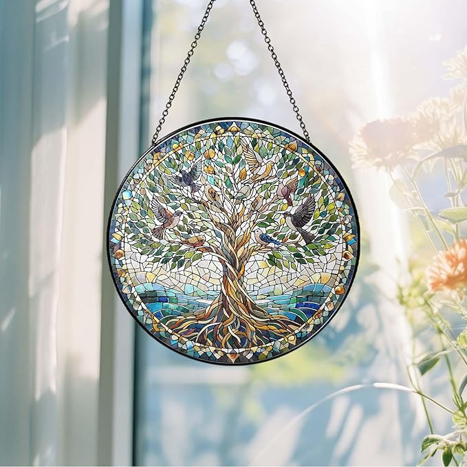 Tree of Life with Birds Sun Catcher RVEAFA Stained Glass Window Hanging Birds Lover Gifts for Women Wall Decor Handmade Sun Catcher Decoration for Garden Home Housewarming Gifts（20 * 20cm