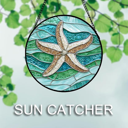 Stained Glass Window Hanging Teal Sea Waves Starfish Large 11.8" - Suncatcher Door Garden Sun Catcher Home Decor Birthday Mother's Day for Mom Men Woman Parents Her Child Nana