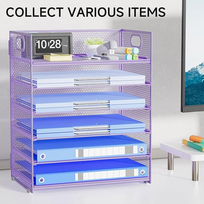 Purple Paper Organizer for Desk with Handle, 6-Tier Metal Mesh File Organizer | Stackable Desktop Organizer for Office Supplies & Stationery Storage