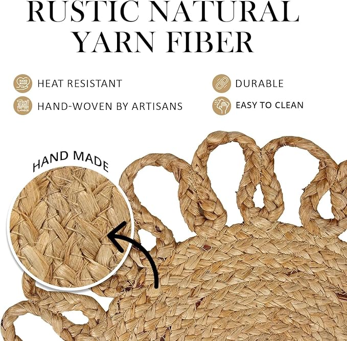 MORE Jute Hand Braided Placemats Set of 6 | 15 Inches Round Tablemats for Kitchen, Dining Table Top Rug Mats & Dinner Table Placemat Pads Mates | Rustic Natural Fiber Vintage Rugs Mat, Natural Beige