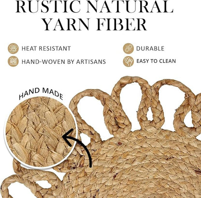 MORE Jute Hand Braided Placemats Set of 6 | 15 Inches Round Tablemats for Kitchen, Dining Table Top Rug Mats & Dinner Table Placemat Pads Mates | Rustic Natural Fiber Vintage Rugs Mat, Natural Beige