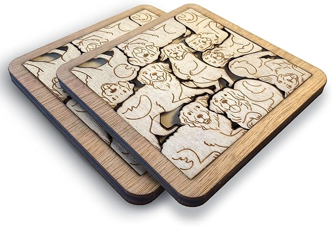 Set 02 Golden Retriever Wooden Coaster Set - Beautifully Carved Dog Breed Drink Coasters for Dog Lovers, Home Decor, and Table Protection