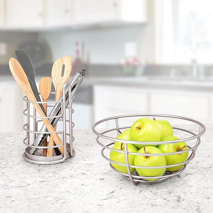 Spectrum Diversified Euro Fruit Bowl & Produce Basket Modern Countertop Food Storage for Fruits & Vegetables, Sleek Design with Sturdy Steel Construction,Silver