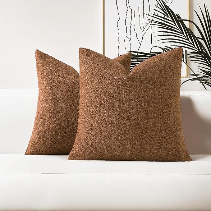 HAUSSY Set of 2 22x22 Decorative Throw Pillow Covers, Soft Cozy Textured Boucle Couch Cases, Home Decor for Couch Bed Living Room, Tobacco