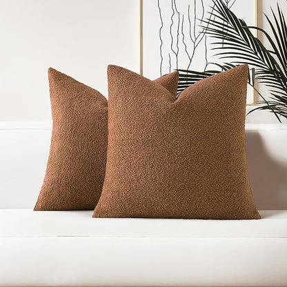 HAUSSY Set of 2 24x24 Decorative Throw Pillow Covers, Soft Cozy European Pillow Shams Textured Boucle, Home Decor for Couch Bed Living Room, Tobacco
