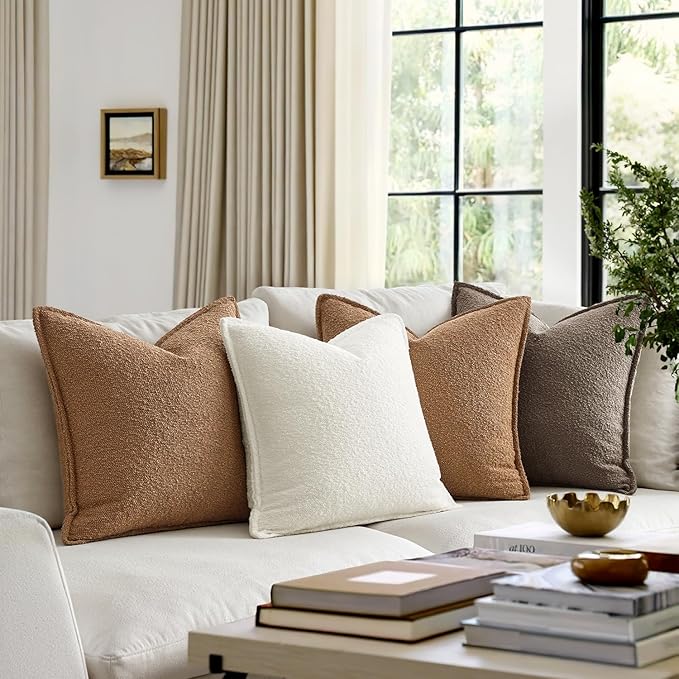 MIULEE Pack of 2 Decorative Textured Boucle Throw Pillow Covers 18x18 Inch Brown Broadside Thick Boho Pillows for Farmhouse Accents Sofa Couch Bedroom Living Room Home Decor