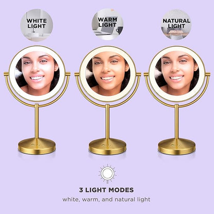 Conair Lighted Makeup Mirror, Double-Sided LED Vanity Mirror with 1X/10X Magnification, 3 Light Settings, 3 Modes, 360° Rotation, Brushed Brass Finish