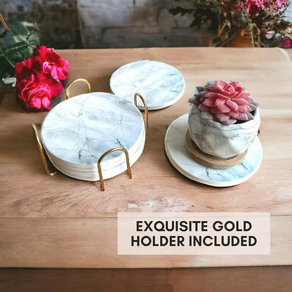 Ceramic Absorbent Coasters Set of 6 with Holder, Marble Drink Coasters for Coffee Table, Water Absorbing Coaster (Porcelain)
