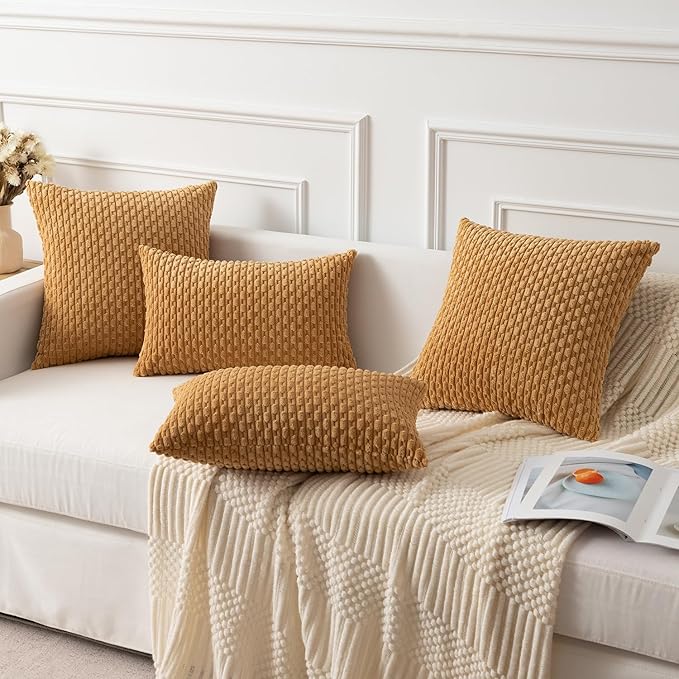 Kevin Textile Throw Pillow Covers Soft Corduroy Decorative Set of 2 Boho Striped Pillow Covers Pillowcases Farmhouse Home Decor for Couch Bed Sofa Living Room 22x22 Inch Gold