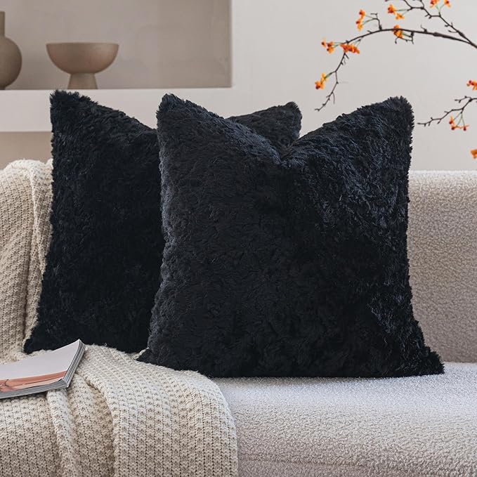 Neelvin Set of 2 Faux Fur Throw Pillow Covers 20x20 Inch Black Cozy Soft Solid Decorative Pillowcases Thick Plush Sheepskin Cushion Case for Chair and Couch Sofa Bedroom