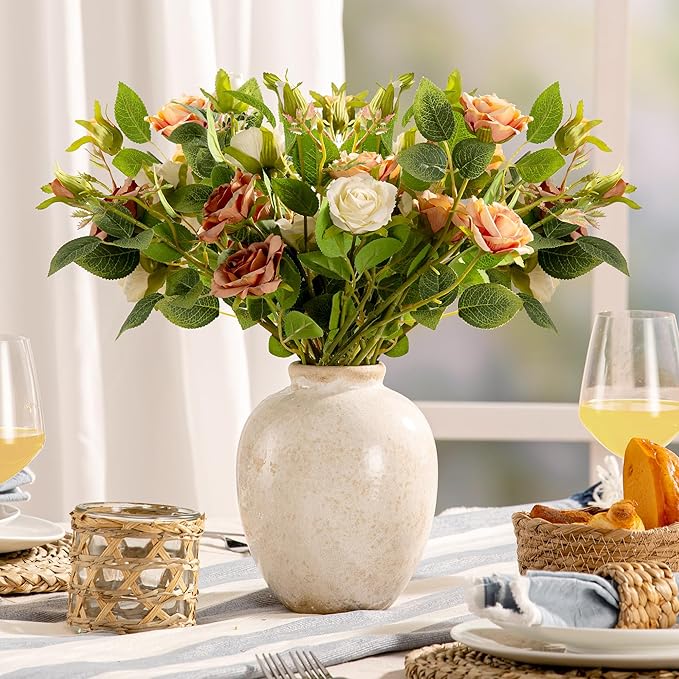 Ceramic Rustic Vase, White Vintage Flower Decorative Vase Chinoiserie Decor Rustic Farmhouse Retro Floral Vases for Table Bookshelf Mantel Kitchen Living Room Office - 7.8inch White