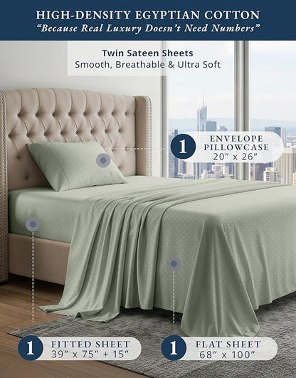 LANE LINEN 100% Egyptian Mercerized Cotton Twin Bed Sheet Set, Eco Friendly No Pill Fade Resistant 15 inch Deep Pocket Twin Sheet Sets Elegant Jaquard Swiss Dot - Mineral