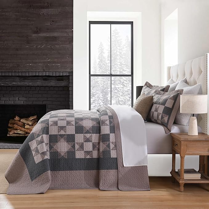 EWlinens 100% Cotton 120"x102" Oversized Queen Bedspread - Rustic Cabin Star Patchwork Plaid Extra Large Quilts Bedding Set, Farmhouse Oversized Queen Quilt Bed Spread, 3pcs, Brown/Charcoal Gray