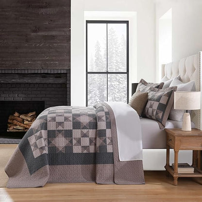 EWlinens 100% Cotton 120"x102" Oversized Queen Bedspread - Rustic Cabin Star Patchwork Plaid Extra Large Quilts Bedding Set, Farmhouse Oversized Queen Quilt Bed Spread, 3pcs, Brown/Charcoal Gray