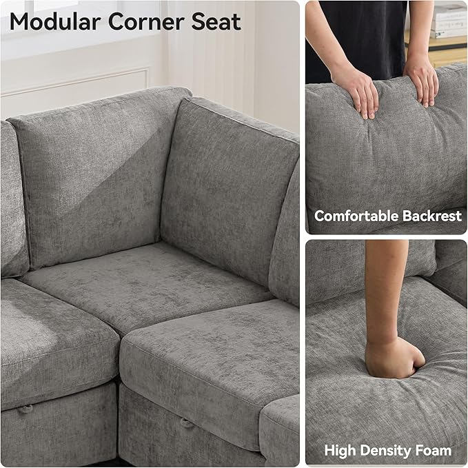 104'' U Shaped Modular Sofa, Sectional Couches with Storage for Living Room, Oversized 8 Seater Cloud Sectional Couch, Chenille Grey