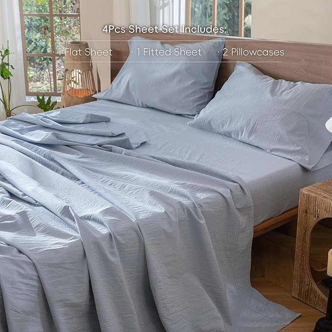 MooMee Bedding Sheet Set 100% Washed Cotton Linen Like Textured Breathable Durable Soft Comfy (Heathered Cornflower Blue, Queen)