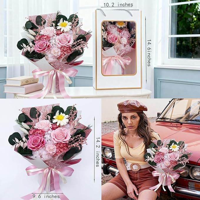 HUACHIPLUS Preserved Rose Bouquets: Fresh Flowers Bouquet- Romantic Gifts for Mom Wife Girlfriend Women-Flowers for Delivery Prime on Christmas Valentines Day Anniversary Mothers Day Birthday (Pink1)