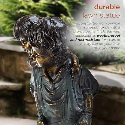 Alpine Corporation 16" Tall Indoor/Outdoor Patina Finish Piggyback Kids Yard Statue Decoration