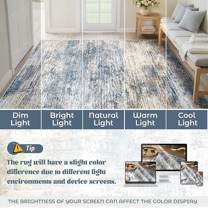 8x10 Area Rugs for Living Room, Washable Modern Abstract Large Area Rug Neutral Soft Non Slip Kids Rug Stain Resistant Indoor Carpet for Bedroom Nursery Dining Room Playroom Office(BlueWhite, 8'x10')