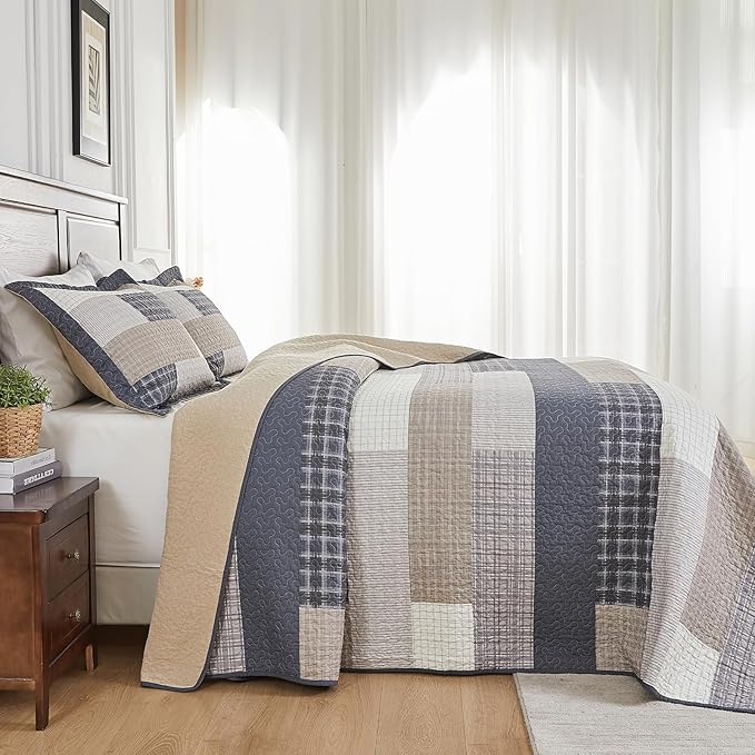 SahSahCasa 120"x120" 100% Cotton Oversized California King Bedspread Coverlet Quilt Set, Plaid Cal King Quilted Bedspread Extra Large Quilt, XL Bed Spread Lightweight Comforter, Dark Slate Gray