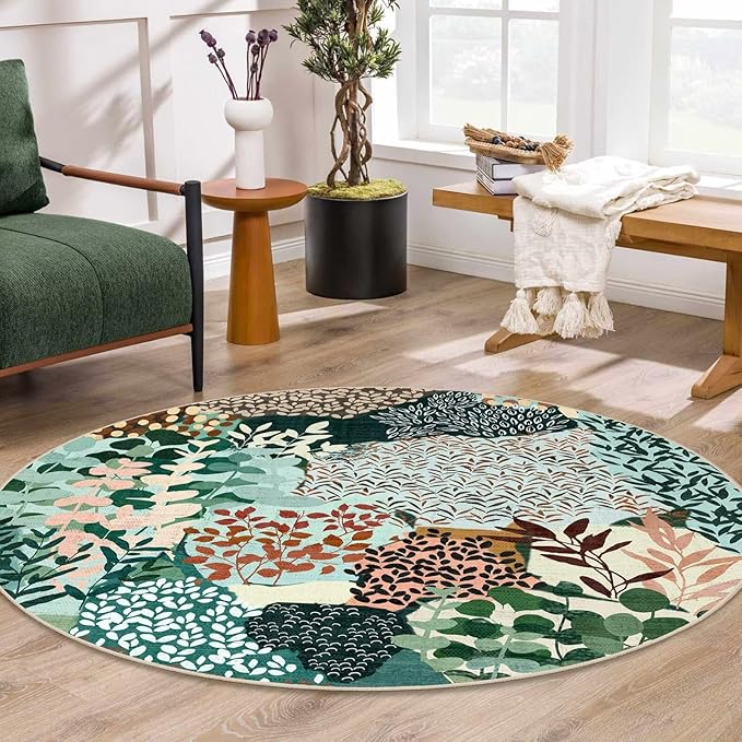 DEXDE Round Rug 5ft Washable Circle Area Rugs, Non Slip Low Pile Boho Floral Large Circular Carpet for Bedroom Bathroom Entryway Kids Room Office Dining Room, Dark Green