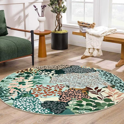 DEXDE Round Rug 5ft Washable Circle Area Rugs, Non Slip Low Pile Boho Floral Large Circular Carpet for Bedroom Bathroom Entryway Kids Room Office Dining Room, Dark Green