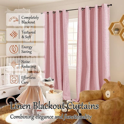 Baby Pink Linen Blackout Curtains for Nursery 84 Inch Length 2 Panels Set, Thermal Insulated Boho Total Black Out Noise Reducing Bonzer Grommets Window Curtains for Girls Bedroom, Each 60 Inch Wide
