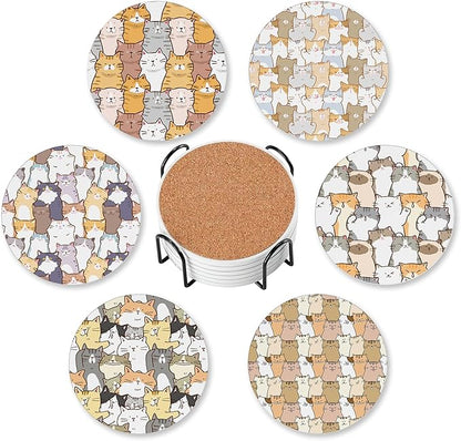 Cute Cats Set of 6 Coasters for Drinks Absorbing Round Ceramic Stone Coaster with Cork Base,Tabletop Protection Mat for Mugs and Cups,Office,Kitchen