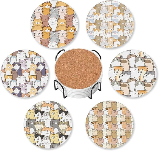 Cute Cats Set of 6 Coasters for Drinks Absorbing Round Ceramic Stone Coaster with Cork Base,Tabletop Protection Mat for Mugs and Cups,Office,Kitchen
