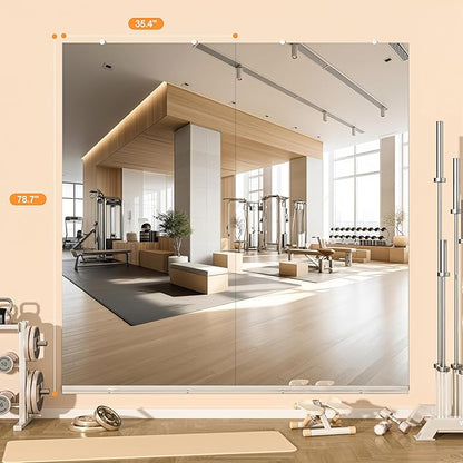 Hasipu Home Gym Mirror, 79"x36" Each, 2-Pack Frameless Wall Mounted Mirrors with Glass Clamps & 1 Aluminum Rail, Large Body Mirror for Home Gym, Yoga Studio, Bedroom, Silver Tempered Glass